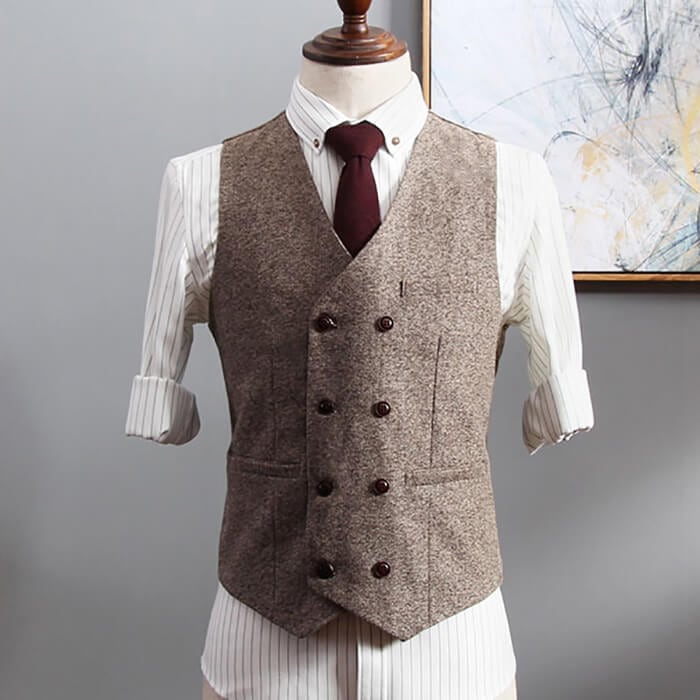 上品 格好いい ジレ ビジネス メンズ 男性 フォーマル ポケット イギリス ヘリンボーン 冬 ベスト ダブルボタン レトロ 厚地 杉綾 vネック 春 秋
