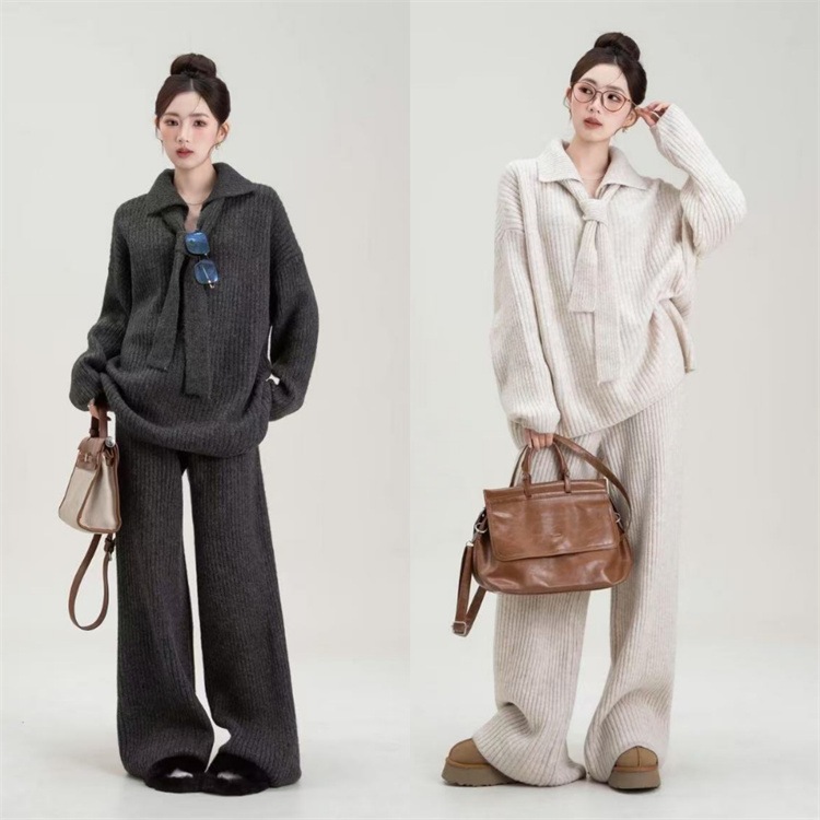 INSスタイル 秋冬 おしゃれ着こなし 厚手ニット カジュアル ハイウエストパンツ セット