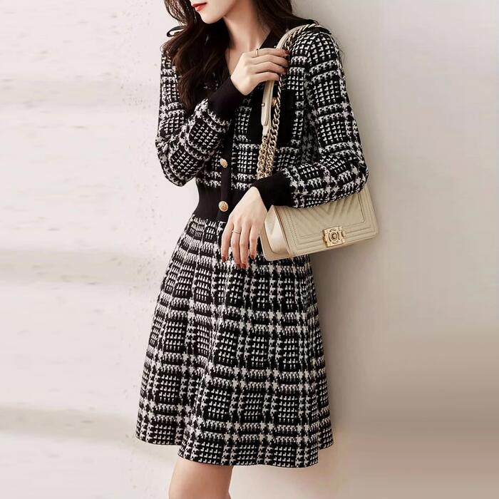 ワンピース ニット ワンピ ドレス 千鳥格子 チェック 袖あり レディース エレガント きれいめ カジュアル 大人 可愛い フェミニン 長袖 ひざ上丈 シンプル Aライン ハイウエスト 上品 通勤 オ