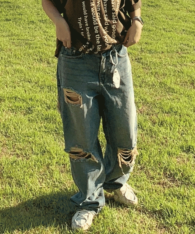 男女共用 ワイド オーバーフィット ビンテージ チェック ダメージジーンズ デニム パンツ