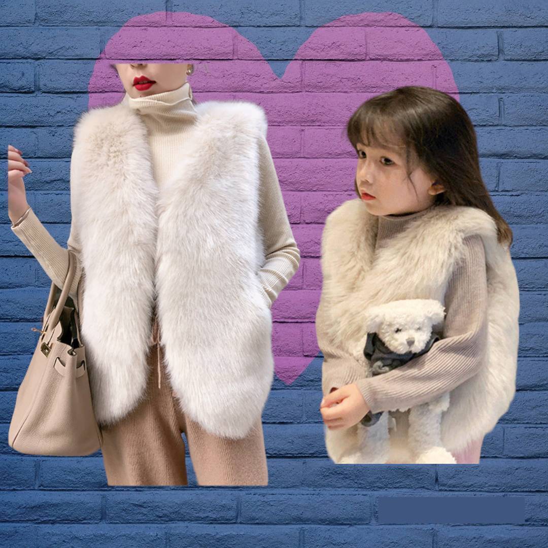 【親子コーデ】リンクコーデ 双子コーデ 子供服 キッズ ファーベスト ベストジャケット エコファー レディース 毛皮 ベスト ゴージャスファーベスト ロッグベスト アウター フェイクファー