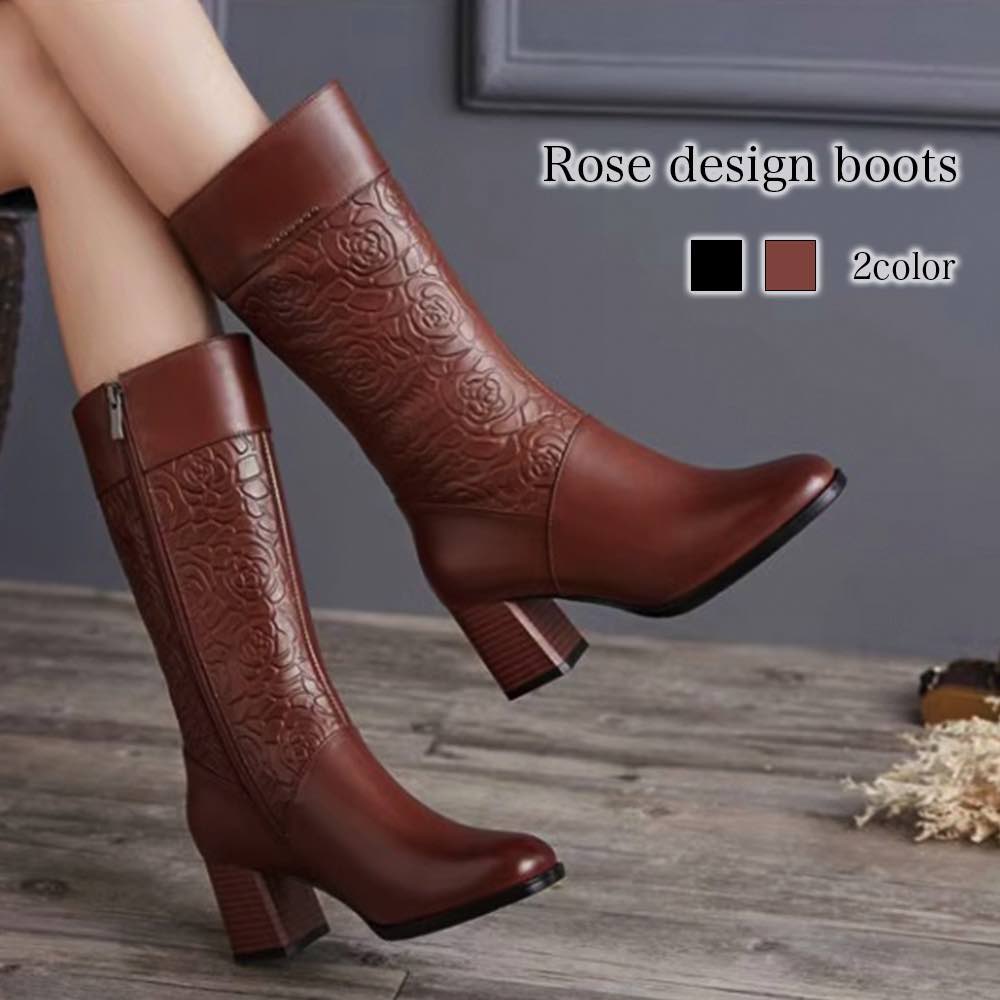 ロングブーツ レディース ローズデザインブーツ レース 黒 ミドルブーツ ワイド 編み上げ 防水 ぺたんこ 大きいサイズ 秋 防寒 ジョッキーブーツ 疲れない 本革 ストレッチ スエード 冬 ローヒー