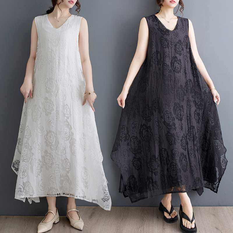 袖なし ノースリーブ ゆったり 体型カバー 2層 柄ワンピース 裏地付き 大きいサイズ レディース 「ファットガール」 レースワンピース