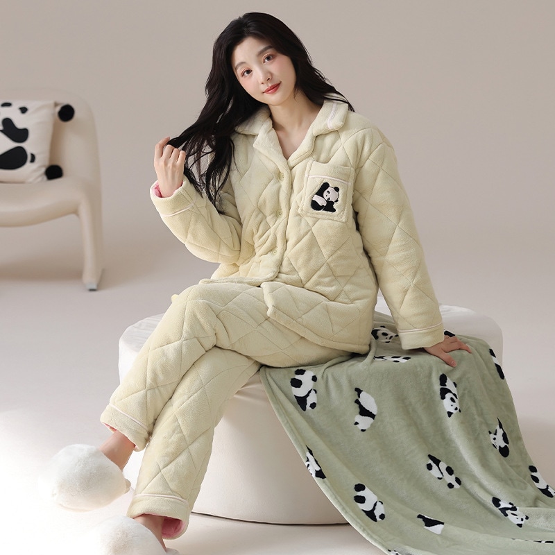 秋冬三層キルティングパジャマレディース綿入りジャケットフランネルスーツプラスベルベット厚みのある暖かいコーラルベルベット秋冬スタイル