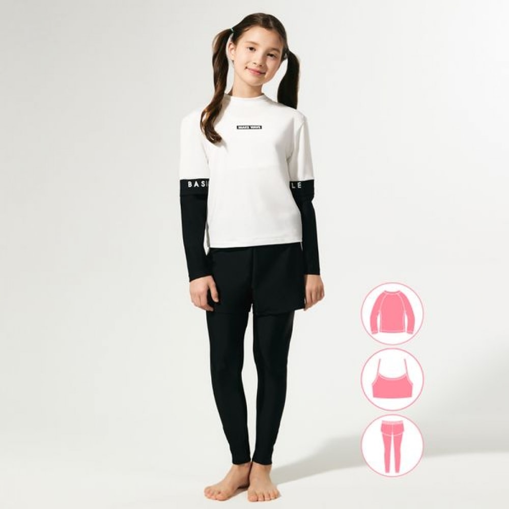 [ベーシックエル] ベーシックエルガールズホワイトラッシュガードウォーターレギンスビーチショーツセット BEG-Y601H