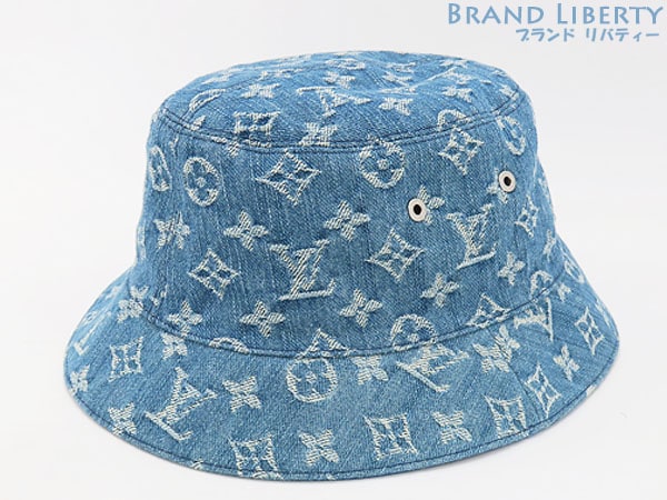 ほぼ新品ルイヴィトンモノグラムデニムバケットハットモノグラムエッセンシャル帽子バケハリバーシブルブルー