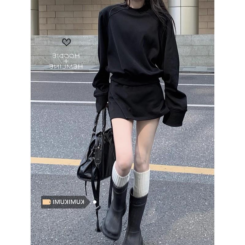 ハイエンドのカスタマイズ-秋と冬のアメリカンホットガールデザインハイカラールーズベルベットスウェットシャツハイウエストAラインスカートツーピーススーツ女性用