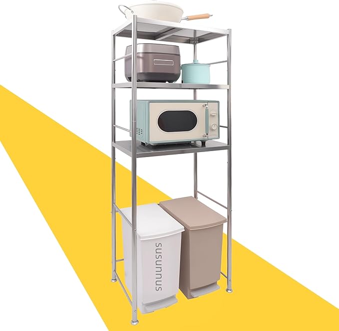 ステンレスゴミ箱上ラック 3 段 棚板間隔調節可 大型電子レンジ対応 防錆 冷蔵庫上収納 幅 60× 奥行 40× 高さ 168cm