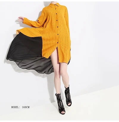 ロングシャツワンピース レディース カラー切替ストライプスカート シャツワンピース 長袖 ボリューム