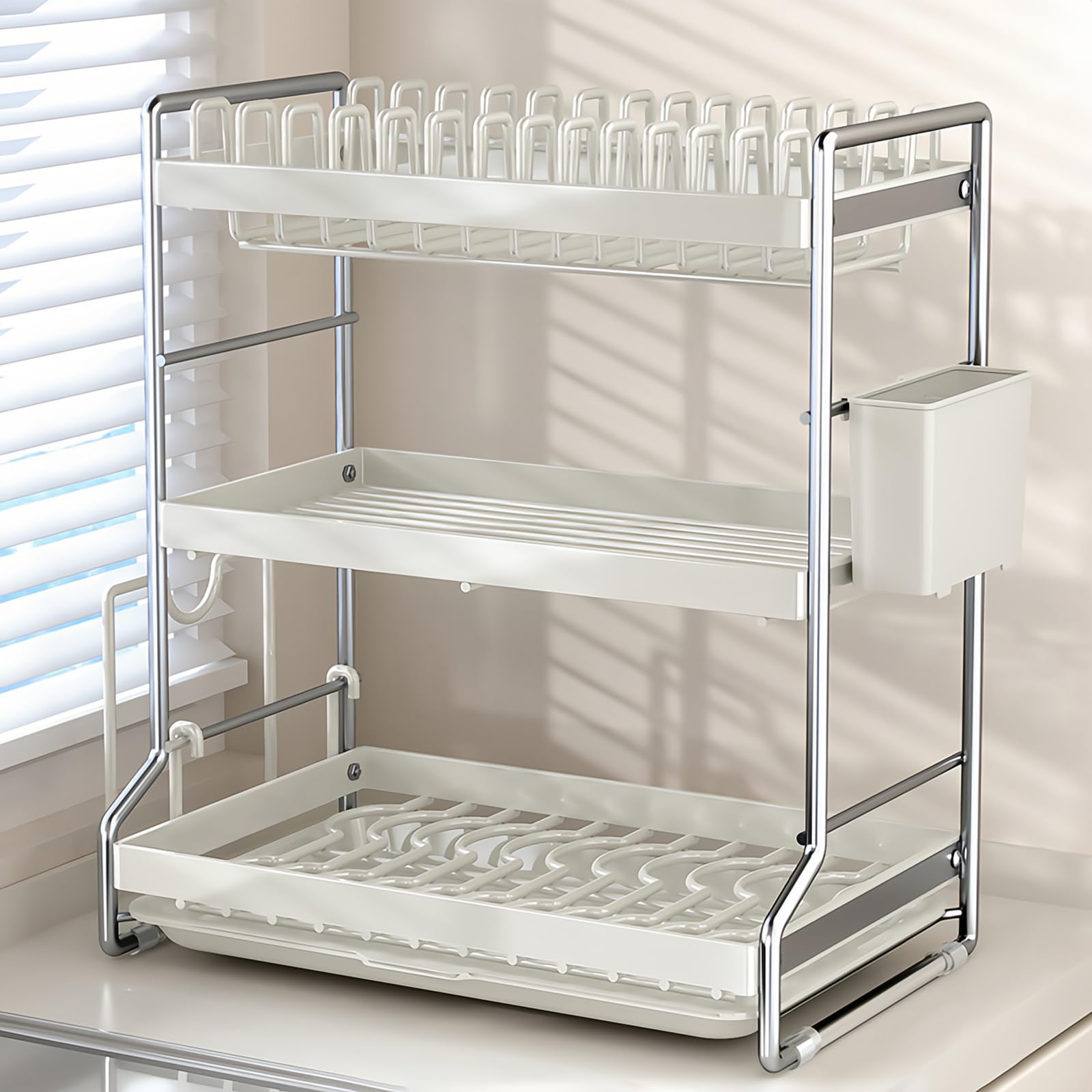 食器水切りラック 水切りかご 3段 ディッシュラック 水切りラック 大容量 多機能 食器乾燥ラック キッチン収納 箸置き まな板立て 水切りトレイ付き 簡単な組立 省スペース 便利な収納 (3段)
