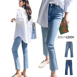 【S~3Lサイズ】ENVYLOOK💖ウエスト裏ゴムポケット口ダメージクロップドデニムパンツ💖2COLOR♥送料無料