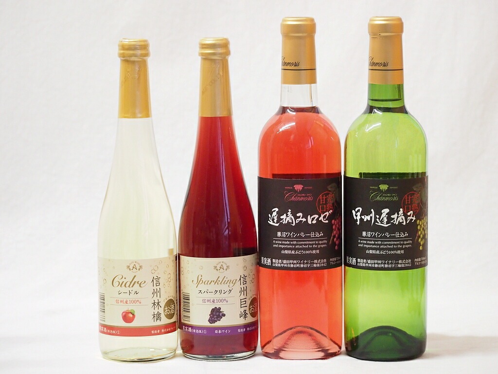 国産甘口4本ワイン 信州産100%林檎500ml 信州産100%巨峰500ml 勝沼甲州遅摘み白72