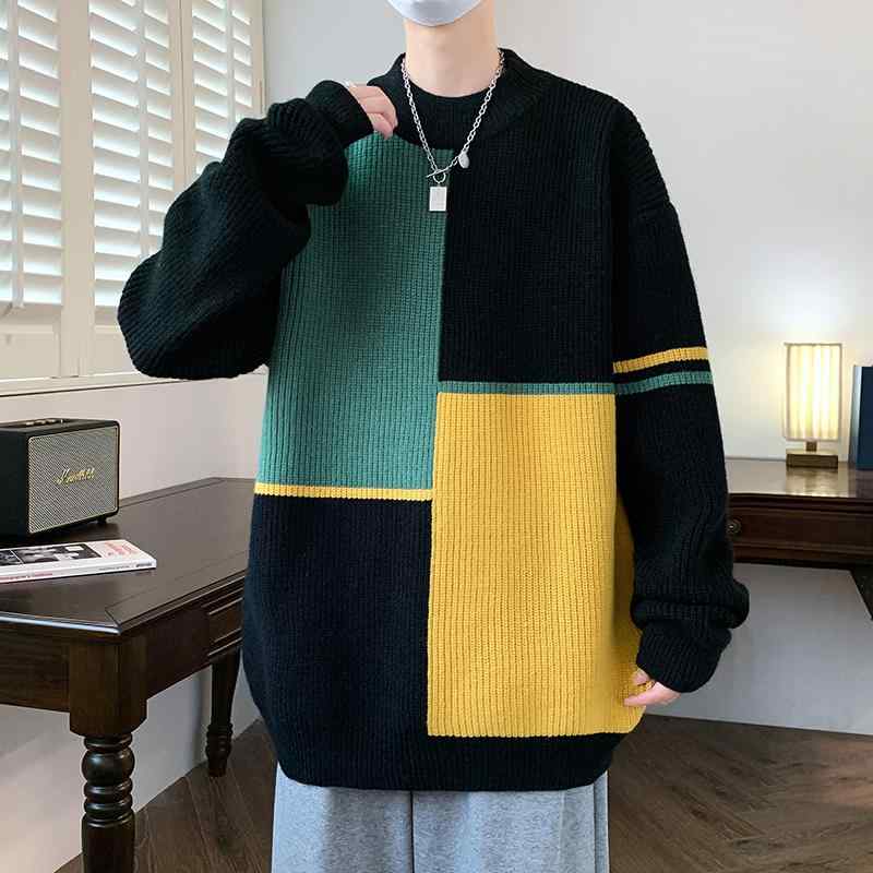 メンズ 秋 冬 ニット トレーナー パーカー メンズ レディース アメリカン スタイル カップル カジュアル ストリート ヒップホップ オシャレ カワイイ ラウンドネック セーター コントラスト カラ