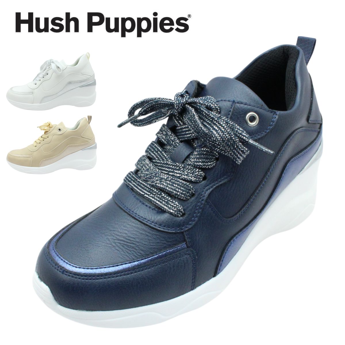 Hush Puppies ハッシュパピー レディース スニーカー L6012FT カジュアル ウェッジソール 6cmヒール 幅広 3E 軽量 おしゃれ 紐靴