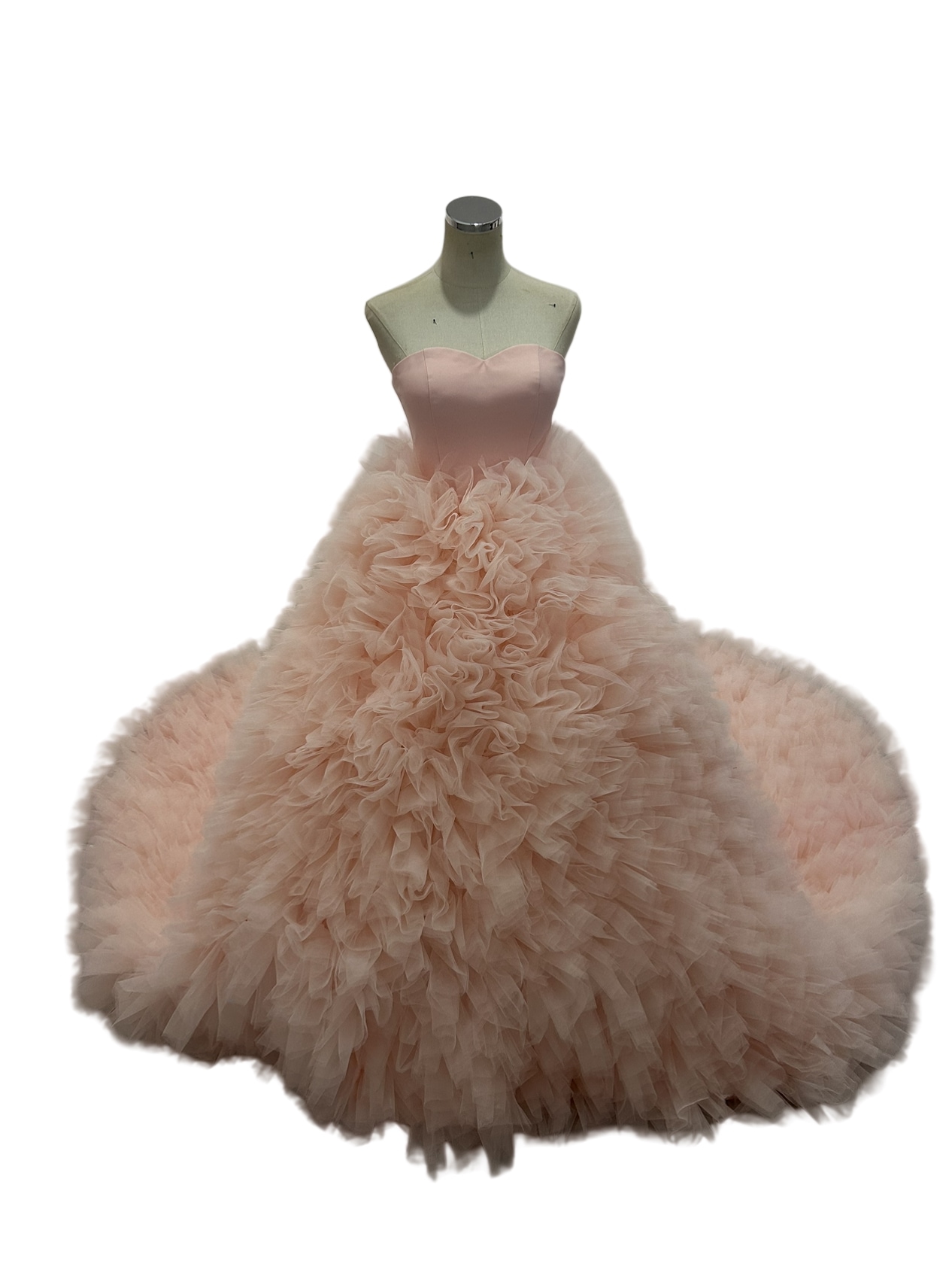 人気上昇！カラードレス 薄ピンク ベアトップ もこもこドレス ロングトレーン 可愛い 前撮り