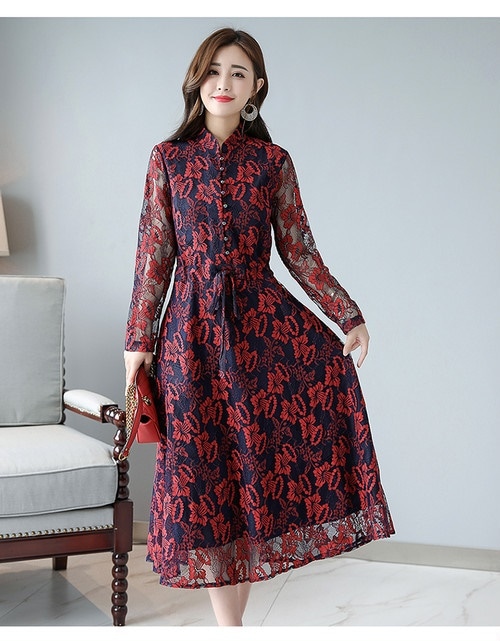 A1232　レースロングワンピース　ボタン付き　長袖