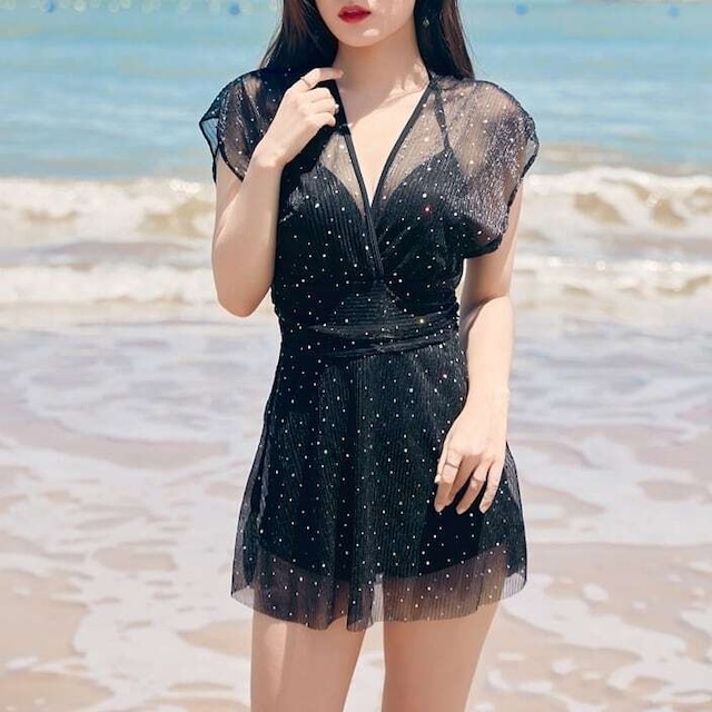 完璧 レディース 水着 スイムウェア キラキラ ワンピース レイヤード風 シースルー シャープ 細見え 大人可愛い ワンピース水着 サイズ Xl Tamaisonrealestate Nl