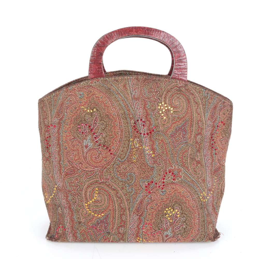 イタリア製 ペイズリー ラインストーン ビジュー 装飾 レザー ハンドバッグ トート レディース ECE CN10-1 中古