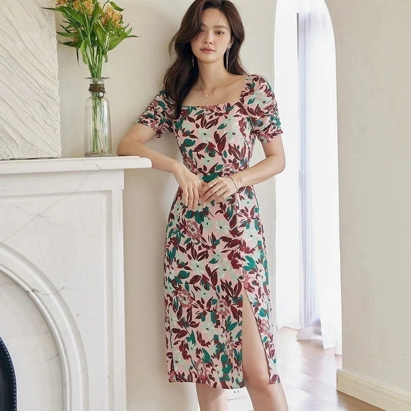 【急速出荷!】フラワープリント 半袖ワンピース 膝丈 ミモレ丈 きれいめ 半袖 花柄 夏 春 可愛いワンピース プリント S M L XL 2XL 20代 30代 40代 50代 60代 ファッ 