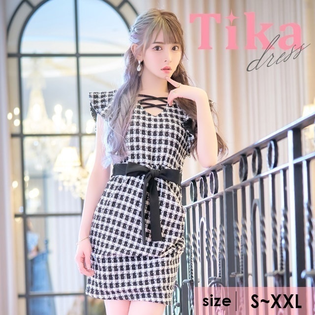キャバドレス 袖あり キャバ ドレス クロスネック フリル チェック柄 ツイード リボン タイト ミニドレス ブラック ホワイト 白 黒 XL XXL 大きいサイズ 膝丈 大人