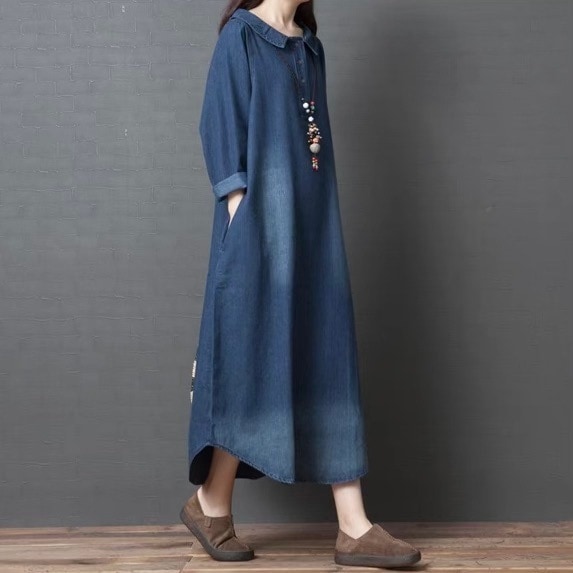 レディース ワンピース シャツワンピ デニム ロング マキシ 長袖 Vネック 襟付き 角襟 Aライン オーバーサイズ フェミニン ストリート ポケット ヴィンテージ アメカジ ブルーデニム かわいい
