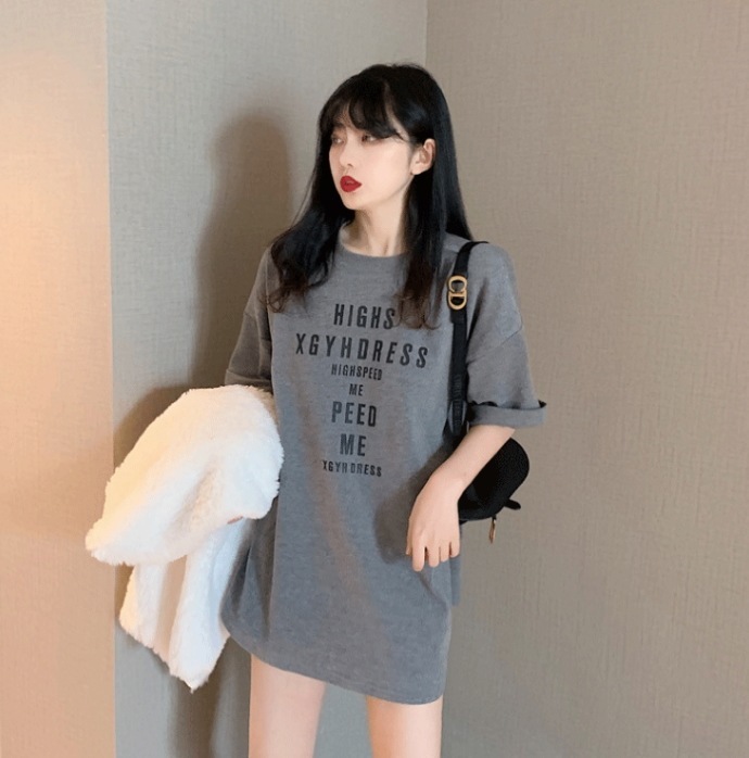 文字プリントシャツ ロゴ入りシャツ ロング丈シャツ カジュアル半袖シャツ トップス Tシャツ シャツ プルオーバー ロング ロング丈 袖あり 半袖 5分袖 五分袖 Uネック ラウンドネック スリム