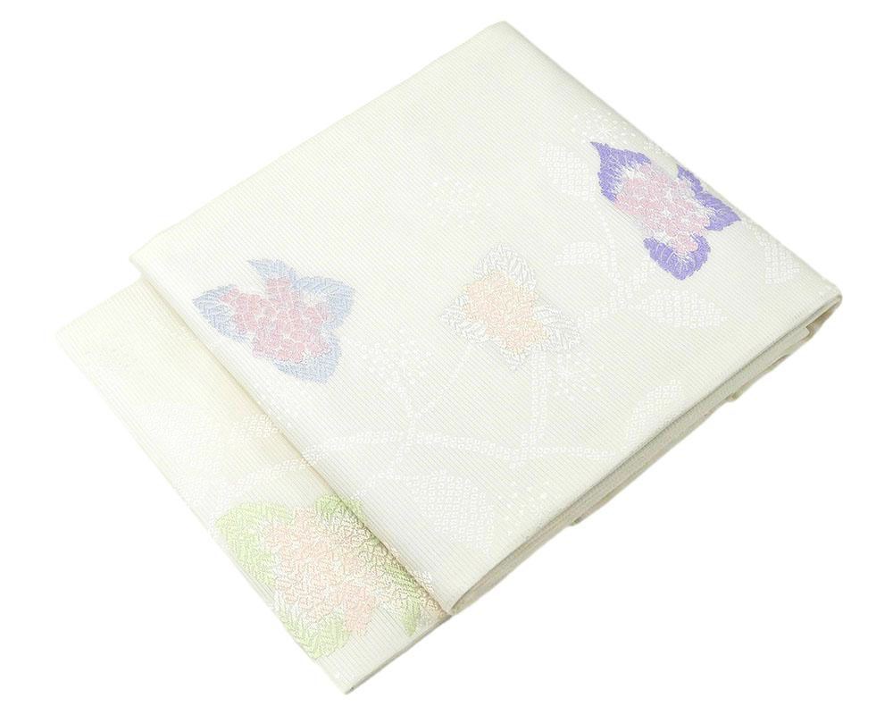 夏物 名古屋帯 新品仕立済 正絹 夏物 沢本織物謹製 紫陽花模様 絽名古屋帯 小難あり 新品 仕立て上がり y2615