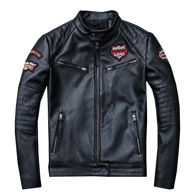 欧米刺繍メンズバイクレザージャケット牛革メンズスタンドカラーバイクジャケットジャケットインディアン
