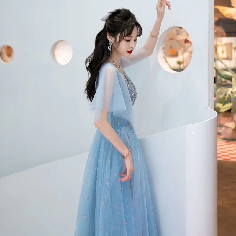 ワンピースドレスドレスブライズメイドドレス 2025年夏 宴会気質ブライドメイドドレス ブルー刺繍イブニングドレス メッシュドレス
