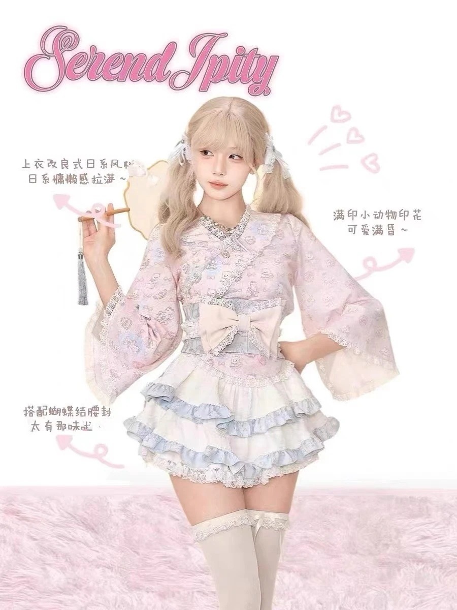 甘いの女の子のスーツスカートかわいいロリータプリント長袖トップス+ハイウエストケーキスカート年齢軽減スーツ