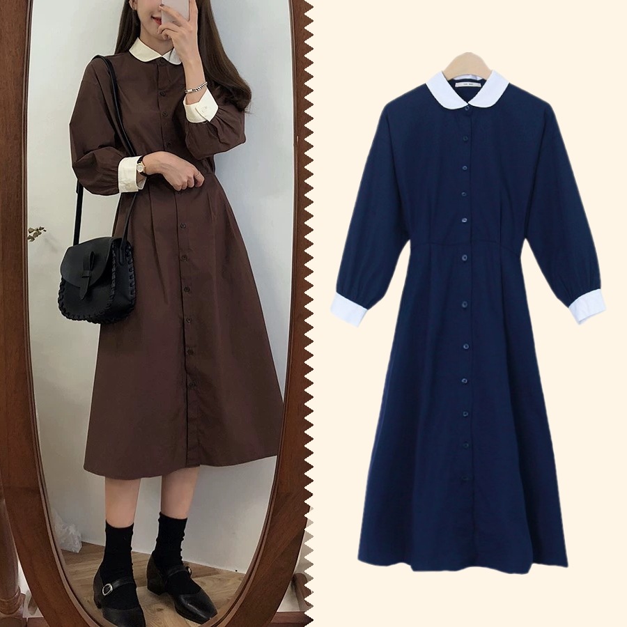 ワンピース シャツワンピース フレアワンピース 膝下 ミモレ ミモレ丈 襟付き ラウンドカラー 7分袖 七分袖 パフスリーブ Aライン ハイウエスト バックリボン リボン ボタン 前開き キュート