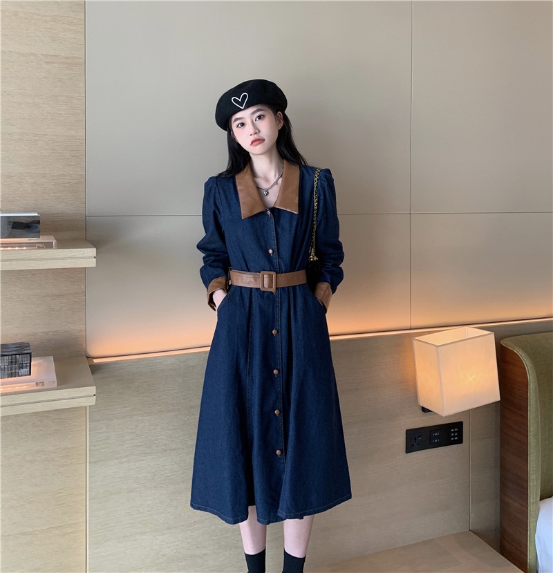 S5XL デニム 若見え フェミニン レトロ ワンピース デニムワンピ デニムワンピース ミディアム丈 ミドル ミドル丈 袖あり 長袖 Vネック 襟付き ラペルカラー ドッキング ベルト