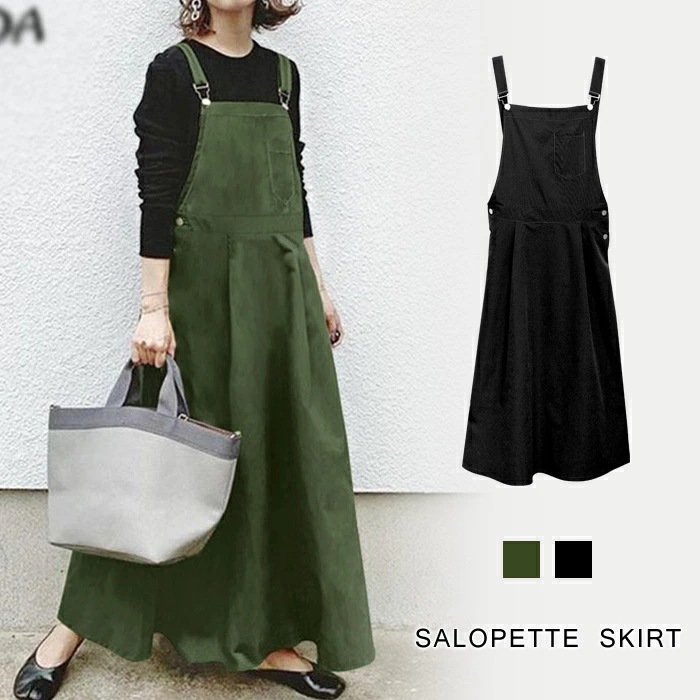 【急速出荷】サロペット レディース 秋 冬 秋冬 黒 スカート オールインワンスカート ジャンスカ ワンピース ロングワンピース Aライン ロング ジャンパースカート マキシワンピ ブラック カーキ