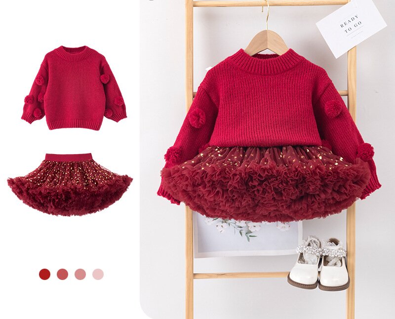 女の子の赤いファーボールトップクリスマスのふわふわスカートお子様の新年のご挨拶おしゃれなチュチュスカートの2点セット