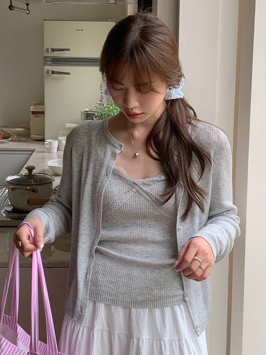 セット アップ ツーピーススーツ/気質/レース/スプライシング/ホルター+ニット/カーディガン/春夏/新作/レジャー/スーツ/レディース