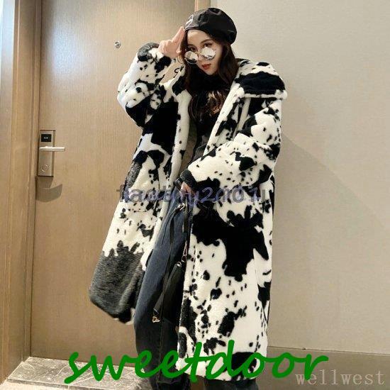 ボアレディースボアコートダルメシアン柄アウター大きめ30代40代冬もこもこエレガント上品通勤きれいめフード付き