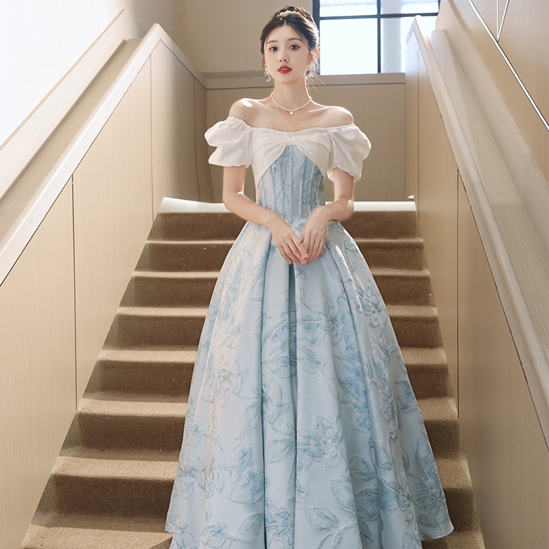女性用ブルーのイブニングドレス高級宴会司会者エレガントで軽い贅沢ニッチフレンチワンショルダー学生の美術試験用制服