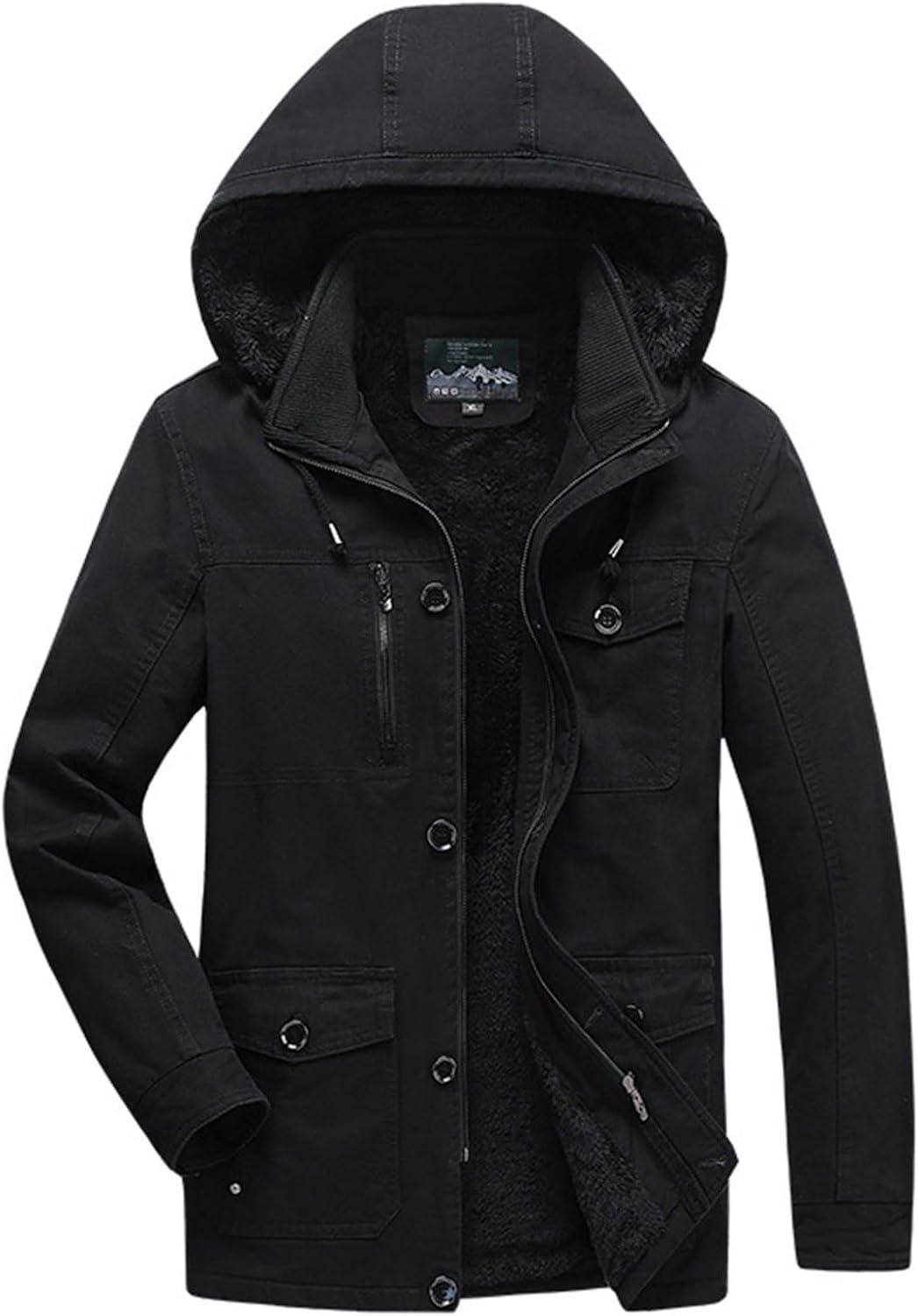 裏ボアジャケット メンズ 冬服 アウター 綿服ジャケット カジュアル ミリタリー 厚手 コート 立ち襟 フード付き 保温 防寒 ジャンパー 日常 アウトドア 通勤 通学 ワークウエア 作業着 大きいサ