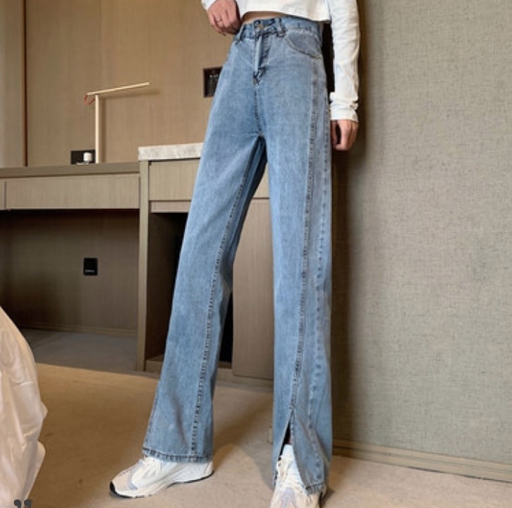 ボトムス パンツ デート かわいい 大人可愛い きれいめ シンプル カジュアル 大人 上品 おしゃれ ロング丈 ブルー スリット デニム ハイウエスト ブルー　ネイビー 韓国 アウトドア 休日 モテ