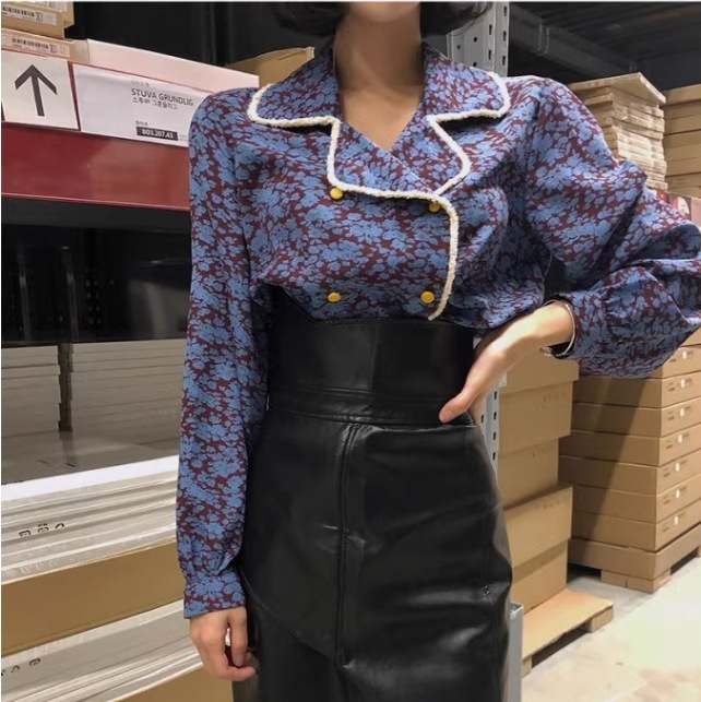 ヴィンテージ風シャツ 花柄シャツ シフォンシャツ レディース シャツ ブラウス 長袖 Vネック 襟付き スリム 細身 Iライン シフォン 前開き かわいい 大人可愛い きれいめ シンプル カジュアル