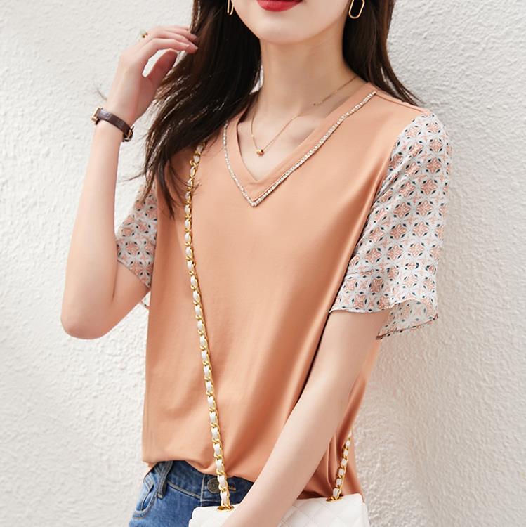 Tシャツ カットソー 半袖 Vネック 切り替え レース 薄手 花柄 かわいい 大人可愛い きれいめ シンプル 上品 おしゃれ 花柄 春 夏 デート お出かけ リゾート モテ XL 大きい