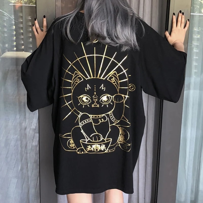 オーバーサイズ tシャツ 半袖今週の割引は 25% オフです tシャツワンピース 招き猫プリント ラウンドネック T シャツ 男女兼用tシャツ カップルtシャツ