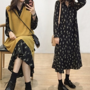 ロングワンピース ニットベスト ワンピース セットアップ ロング ロング丈 ノースリーブ 長袖
