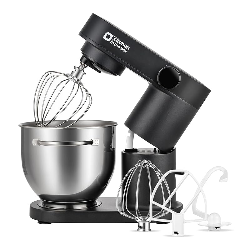 【国内即発】Kitchen in the box スタンドミキサー 5L大容量 3種類アタッチメント 6段階スピード調節 卓上型ミキサー 混ぜる/練る/泡立てる 一台三役 多機能 低騒音 (ブラック)