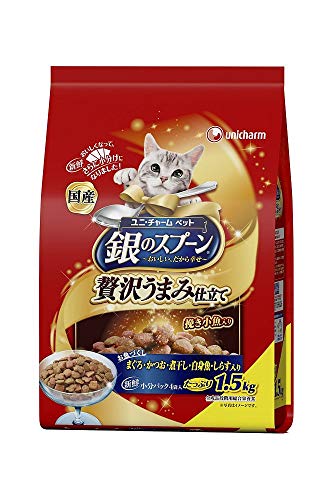 （まとめ買い）ユニチャーム 銀のスプーン 贅沢うまみ仕立て お魚づくし シーフード 1.5kg 猫用 【3】