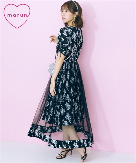ロングマキシ丈/半袖 大きいサイズ フラワープリントオーバーチュールワンピース marun