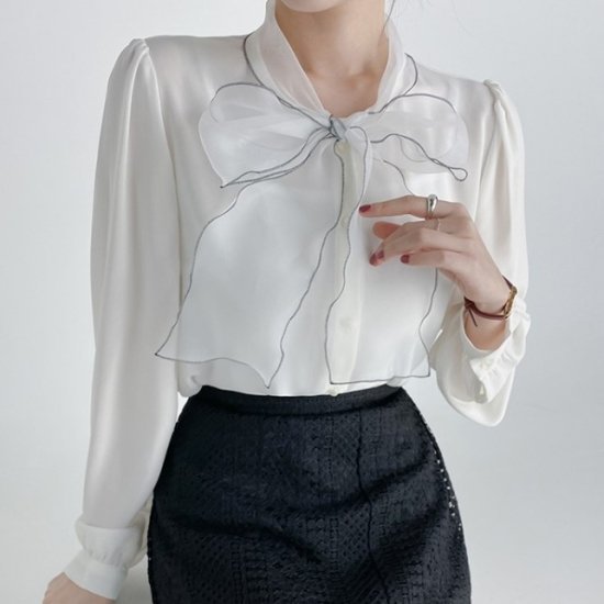 ブラウス シャツ リボンブラウス レディース ボウタイブラウス リボンタイ オーガンジー 長袖ブラウス 透け感 ブラック ホワイト かわいい きれいめ 上品 オフィス パーティー 卒入園 卒入学