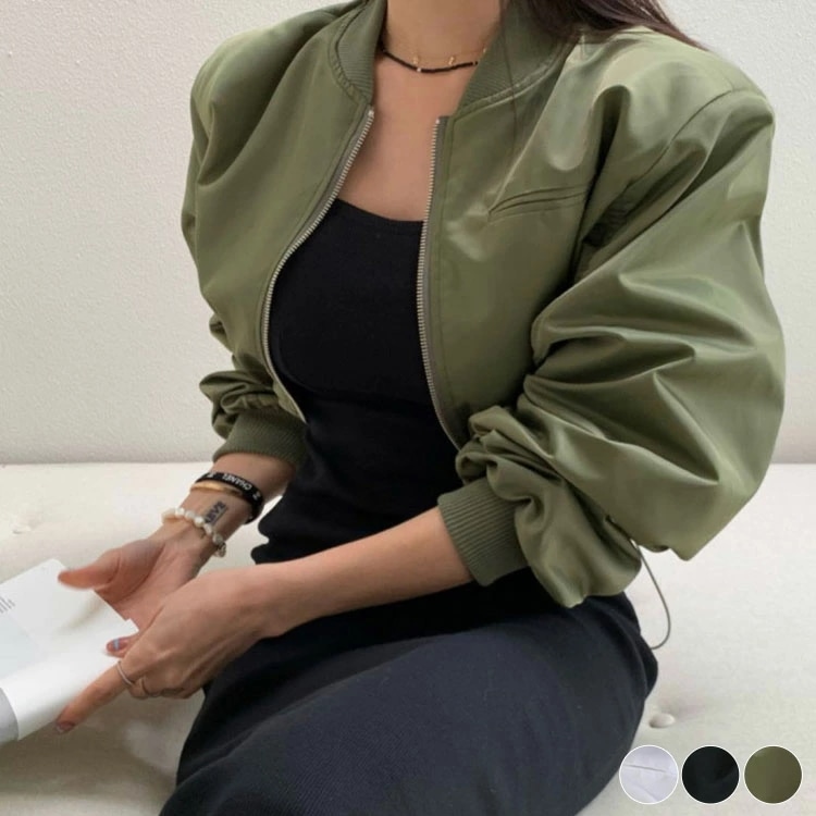 MA-1 レディース ジャケット ショート丈 韓国 ミリタリー ジャンパー ジャケット ジップアップ ギャザー カジュアル おしゃれ ゆったり 無地