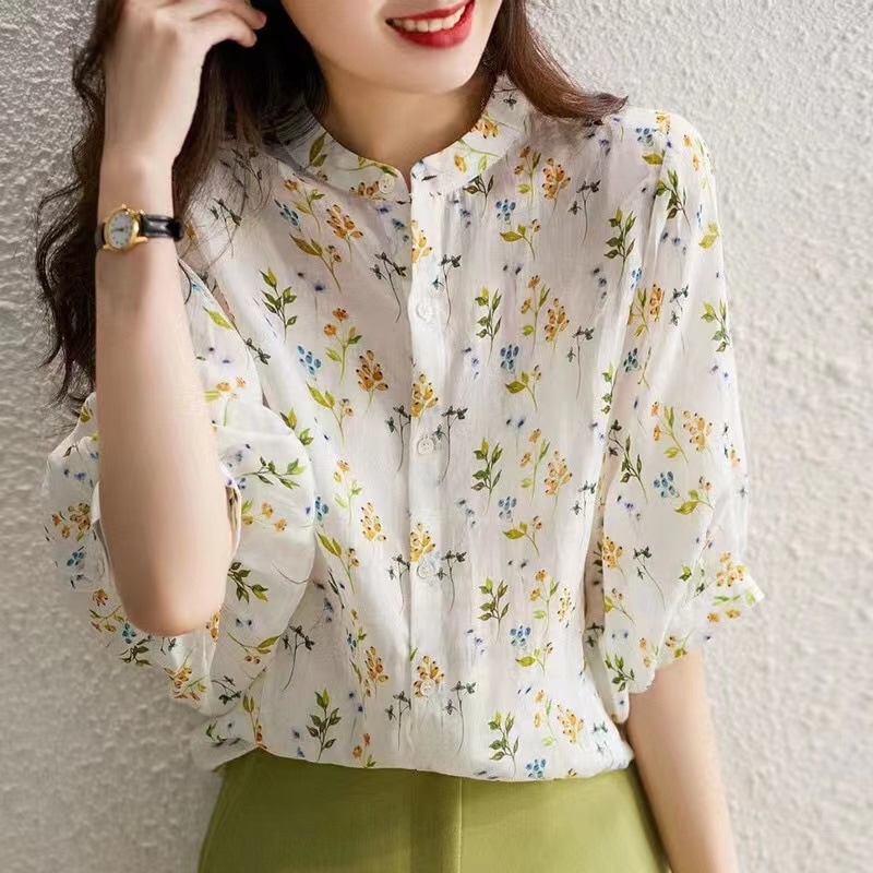 レディース トップス シャツ ブラウス 5分袖 ボリューム袖 Uネック ラウンドネック フェミニン 前開き ボタン ヴィンテージ 薄手 かわいい 大人可愛い シンプル 上品 おしゃれ レトロ ガーリー