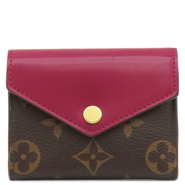 ルイヴィトン LOUIS VUITTON 三つ折り財布 ポルトフォイユ ゾエ モノグラムキャンバス レザー フューシャ ゴールド金具 茶 イニシャル刻印あり M62932 TA0199 【保存袋】【中